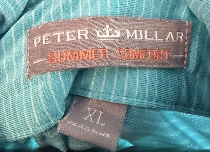 Peter Millar Mens Summer Comfort Golf Polo Shirt Large Teal Blue Striped Button