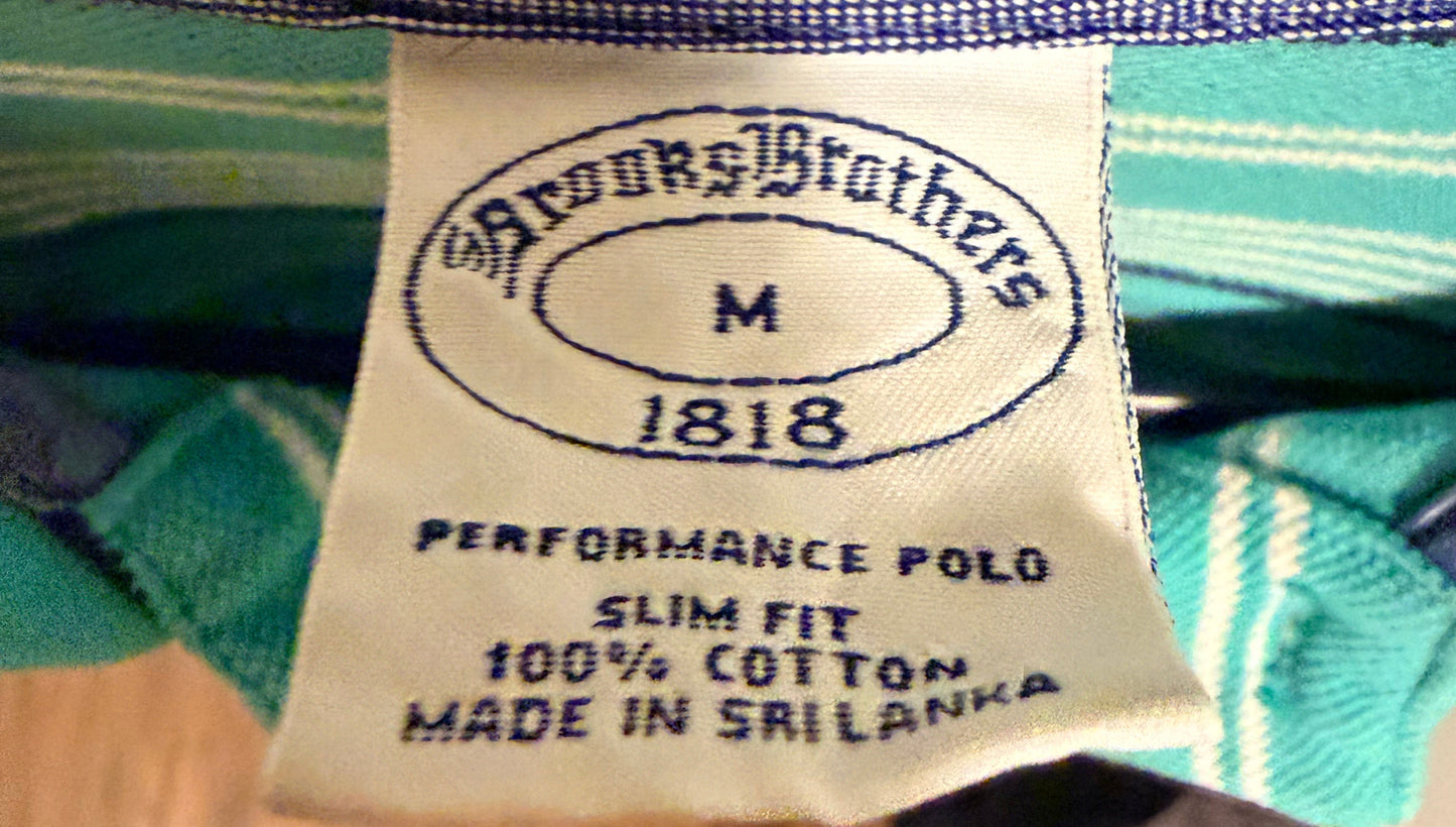 Brooks Brothers Mens Polo Shirt  M Green with Stripes  Performance  100% Cotton
