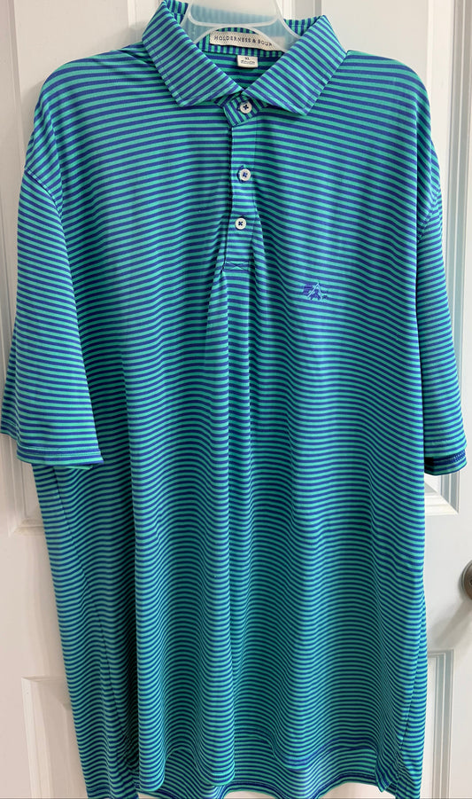 Holderness & Bourne Men's XL Green Blue Stripes Performance Stretch Golf Polo