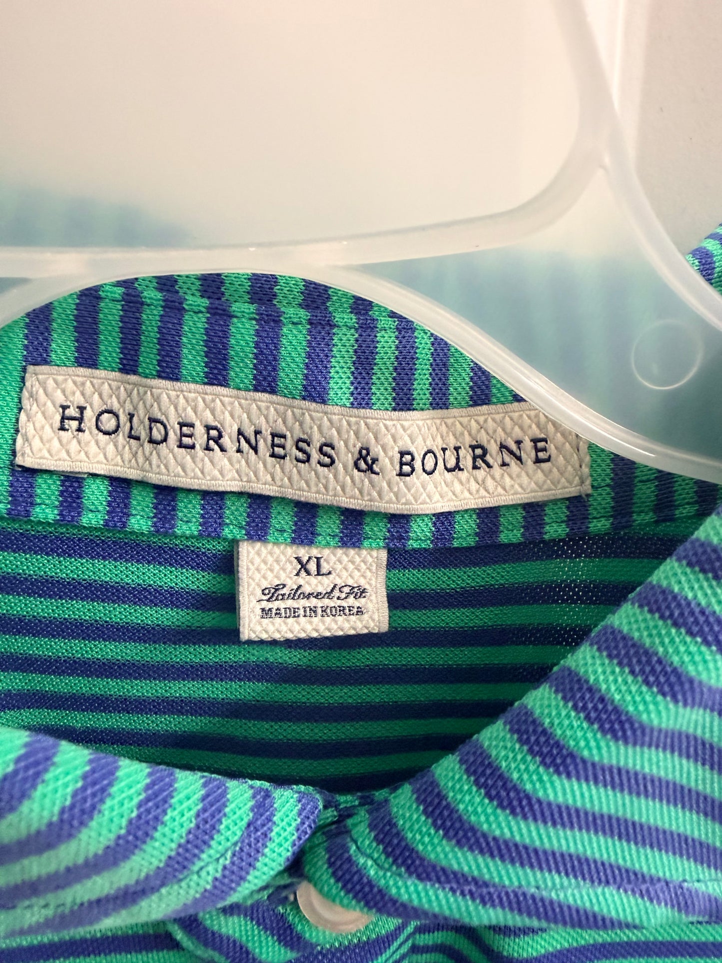 Holderness & Bourne Men's XL Green Blue Stripes Performance Stretch Golf Polo